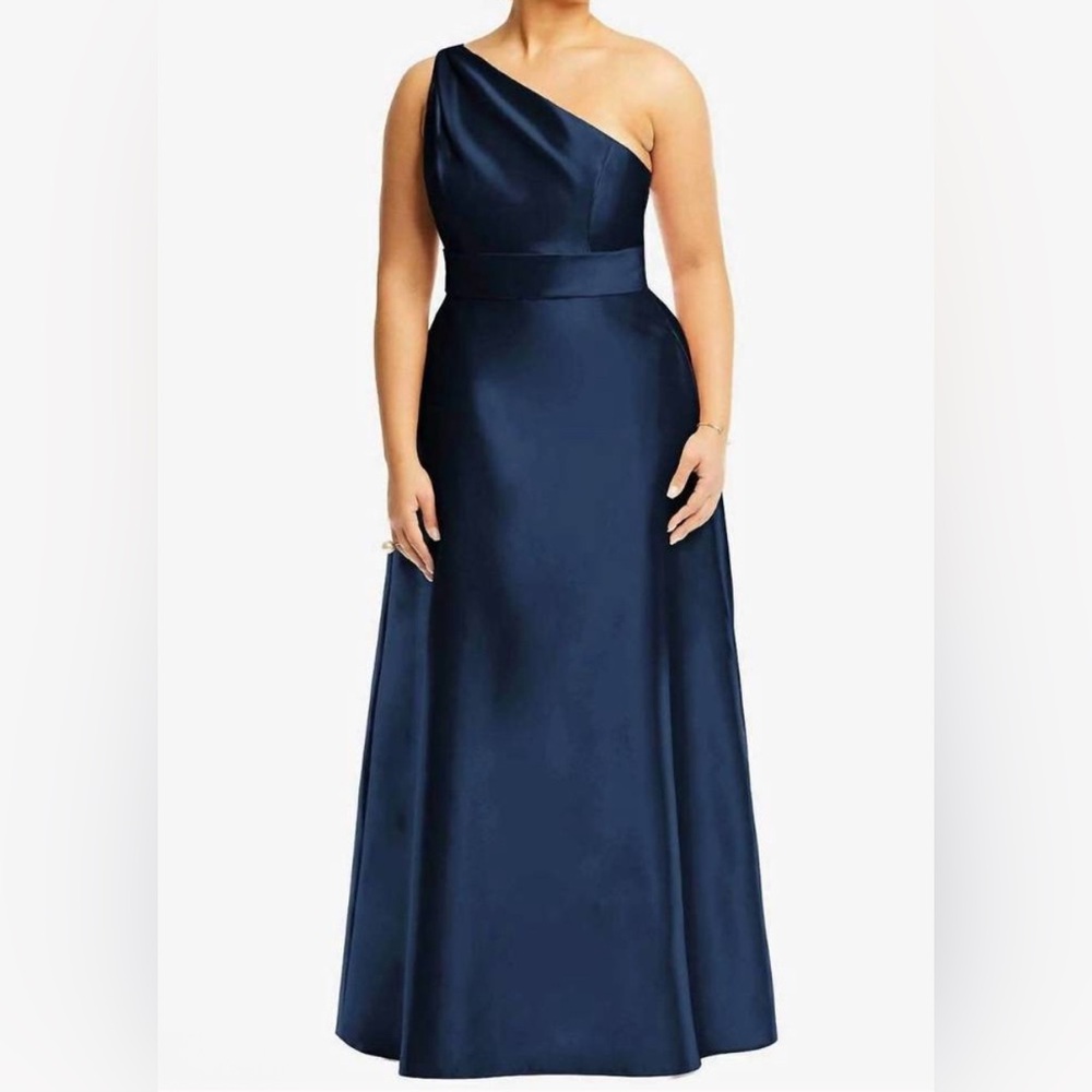 NEW ALFRED SUNG draped one shoulder satin maxi dress w pockets D815S midnight